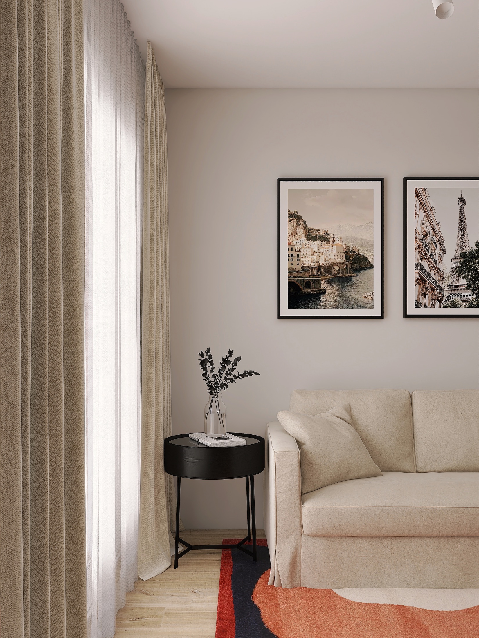 Salon — jasna sofa i stolik przy oknie